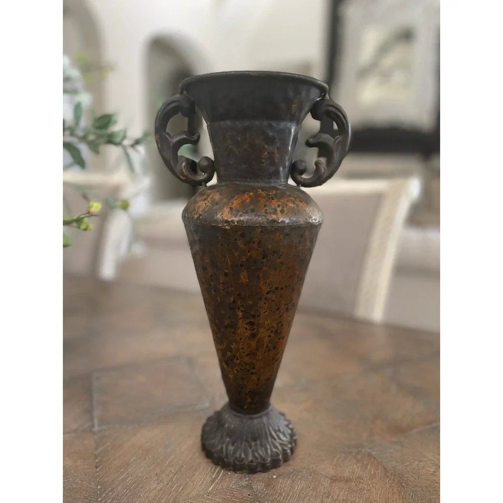 Hammered Brown Metal Handled Urn Vase Planter 13.5